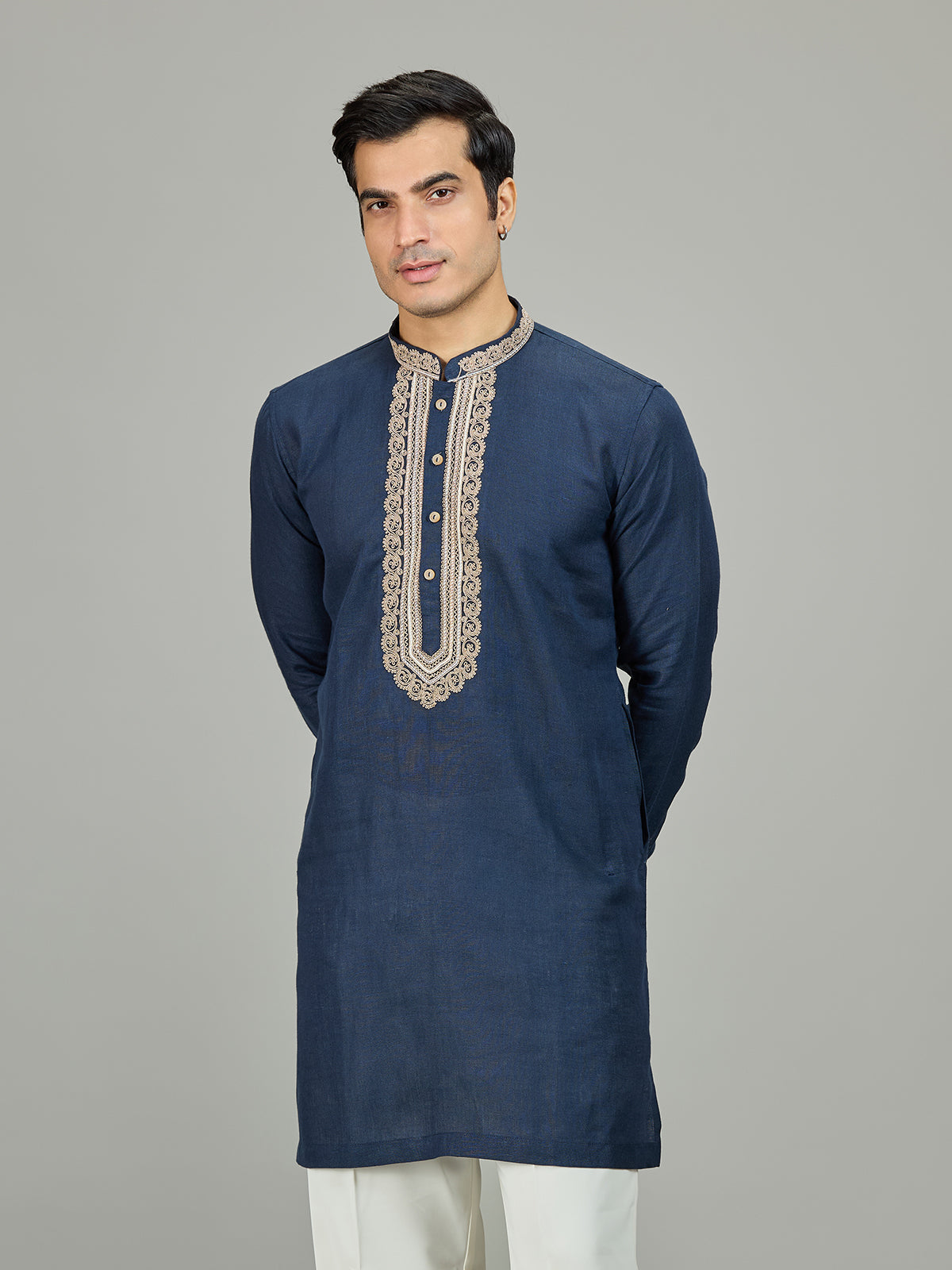 Blue classic textured leaf linen men kurta