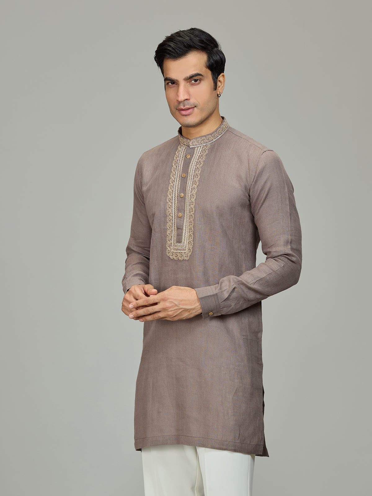 Grey premium leaf motif linen men kurta
