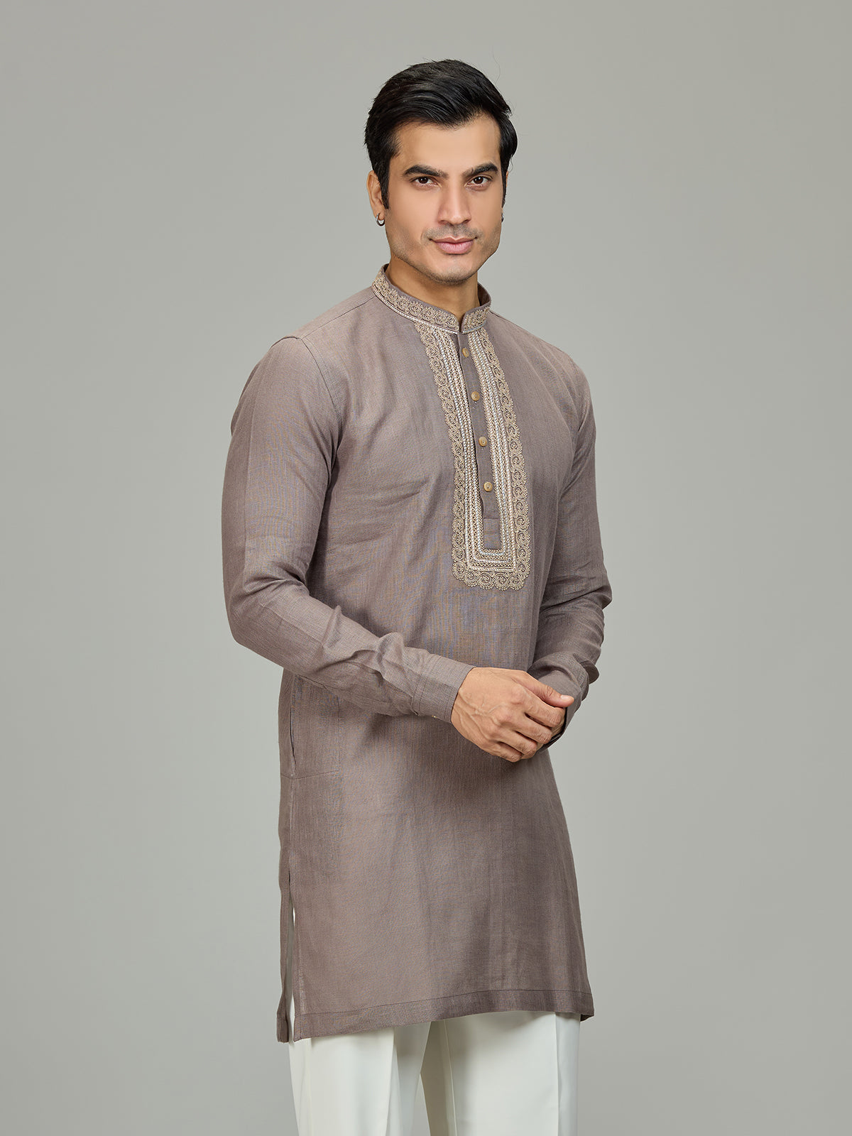 Grey premium leaf motif linen men kurta