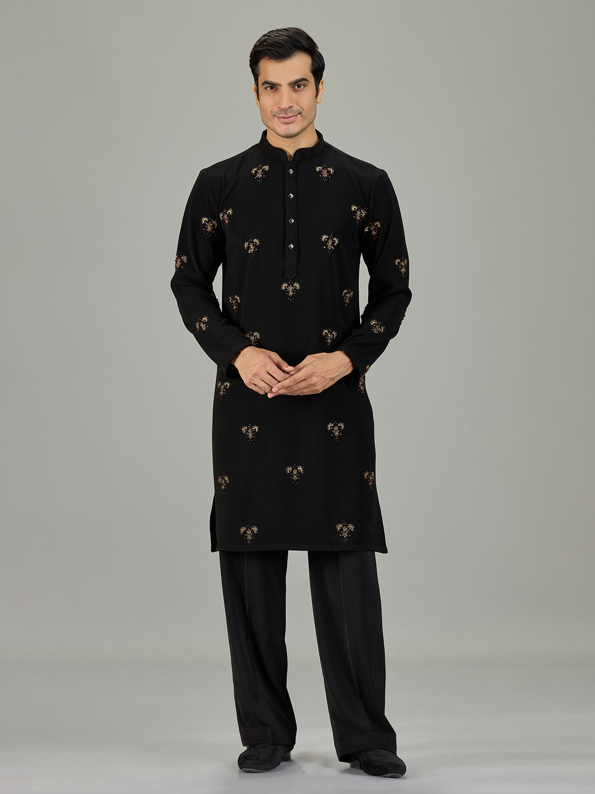 Black floral embroidered men kurta suit