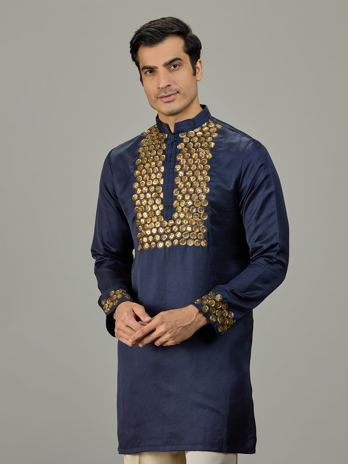 Navy blue floral cotton silk men kurta suit