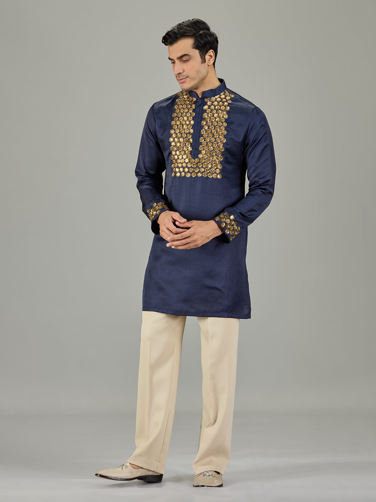 Navy blue floral cotton silk men kurta suit