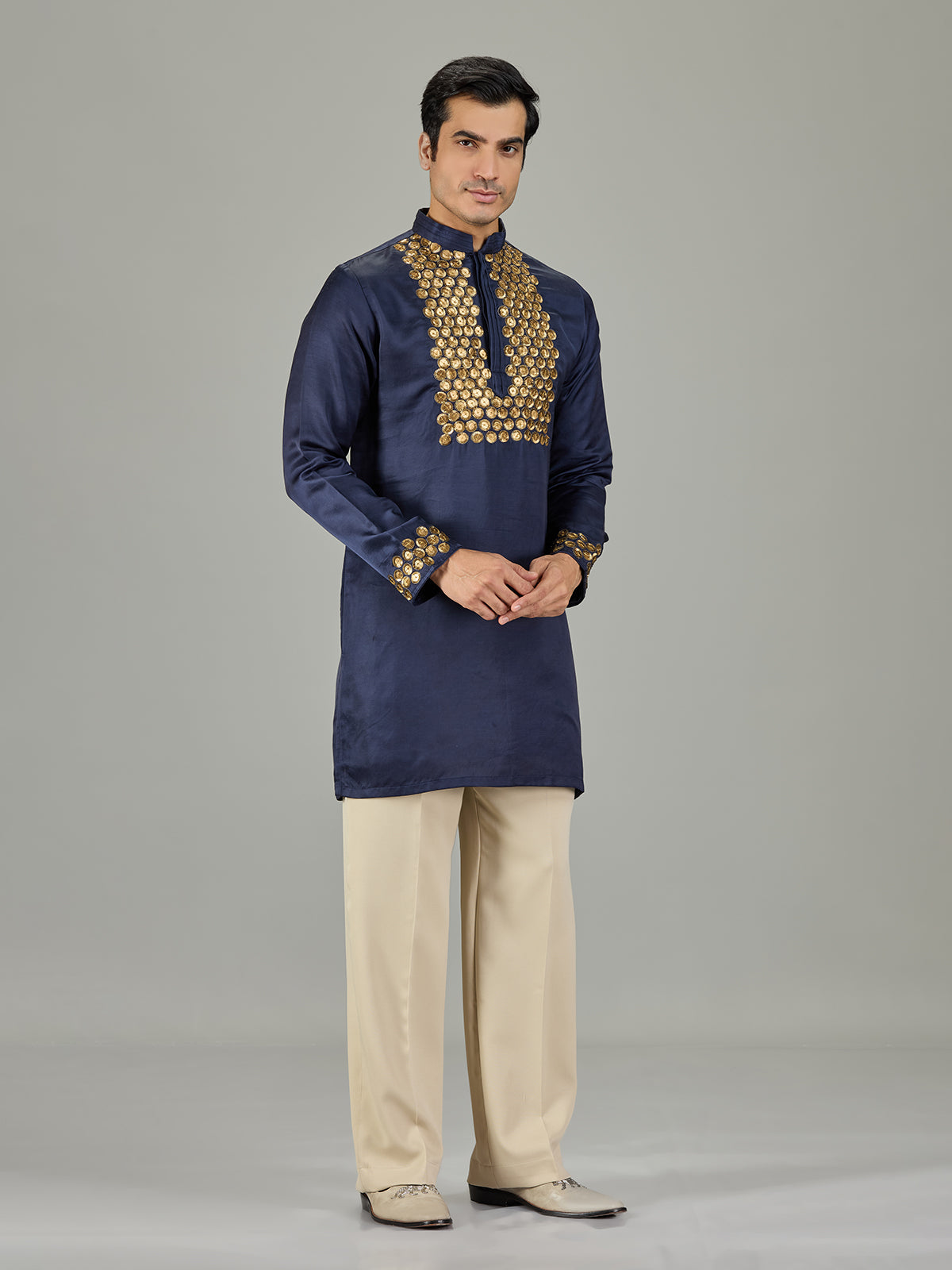 Navy blue floral cotton silk men kurta suit