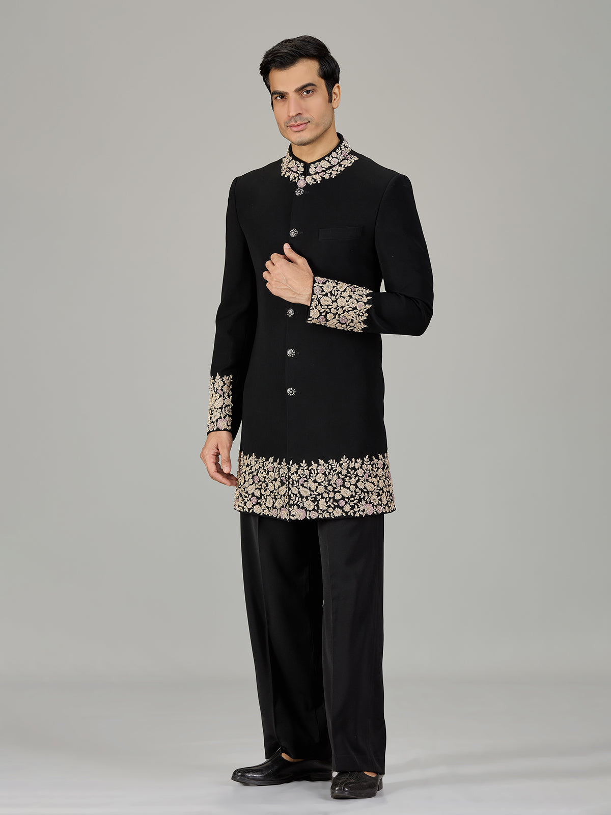 Black floral vine embroidered men indo western