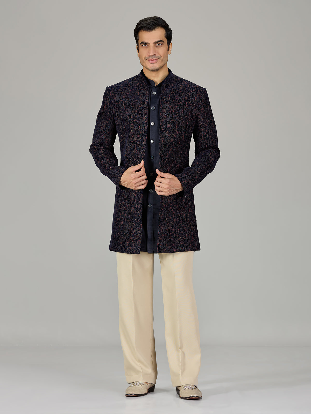 Navy blue damask embroidered men indo western