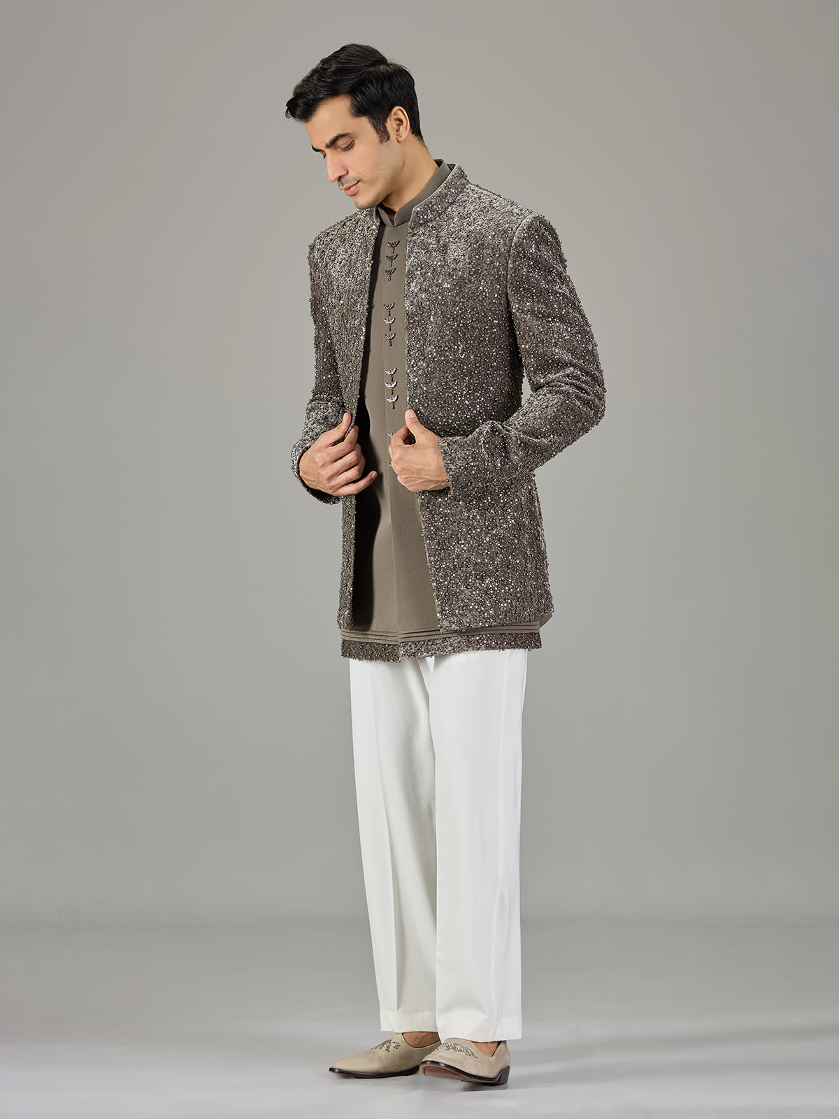 Grey wedding layered jacket indo western for men