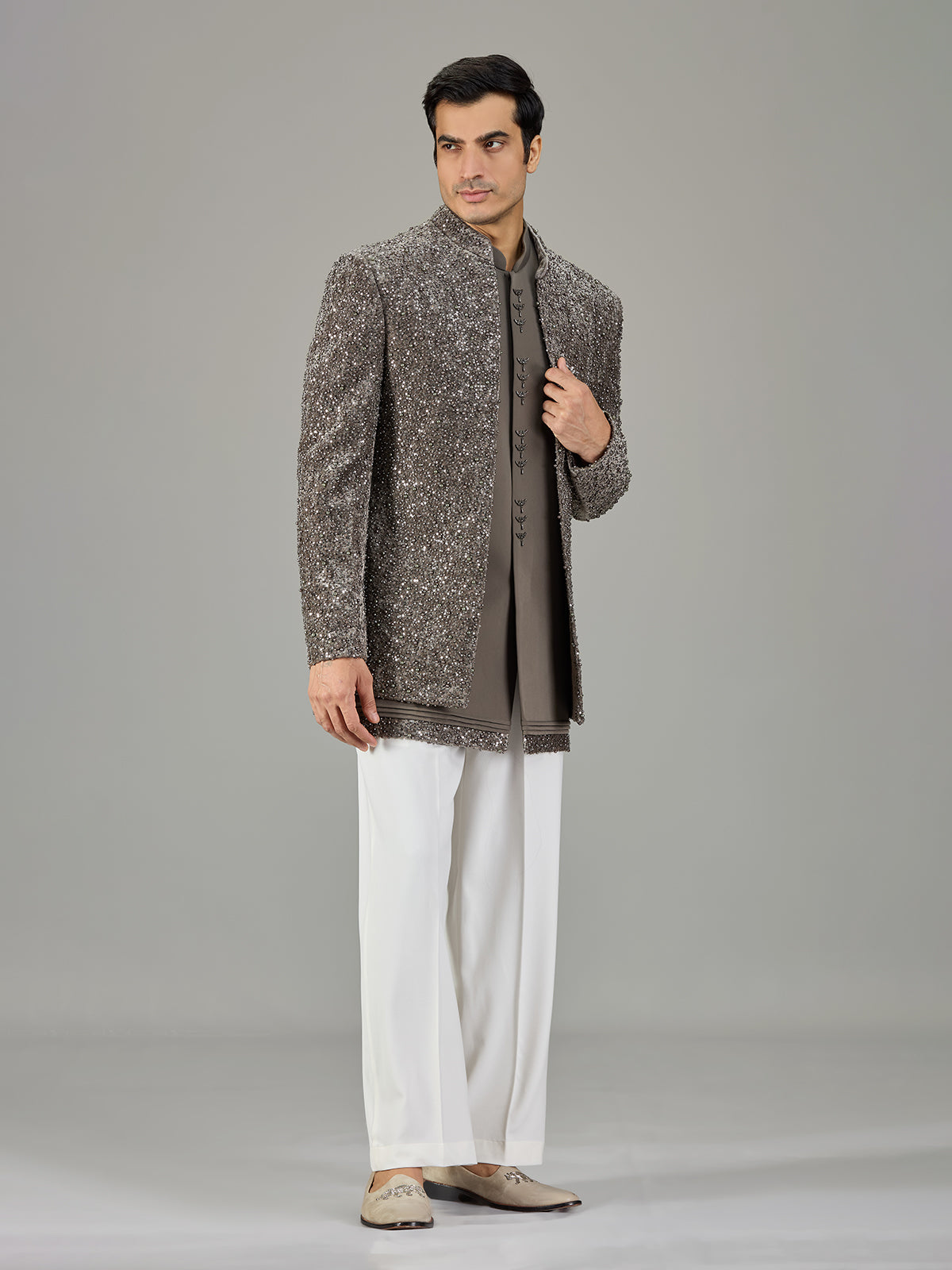 Grey wedding layered jacket indo western for men