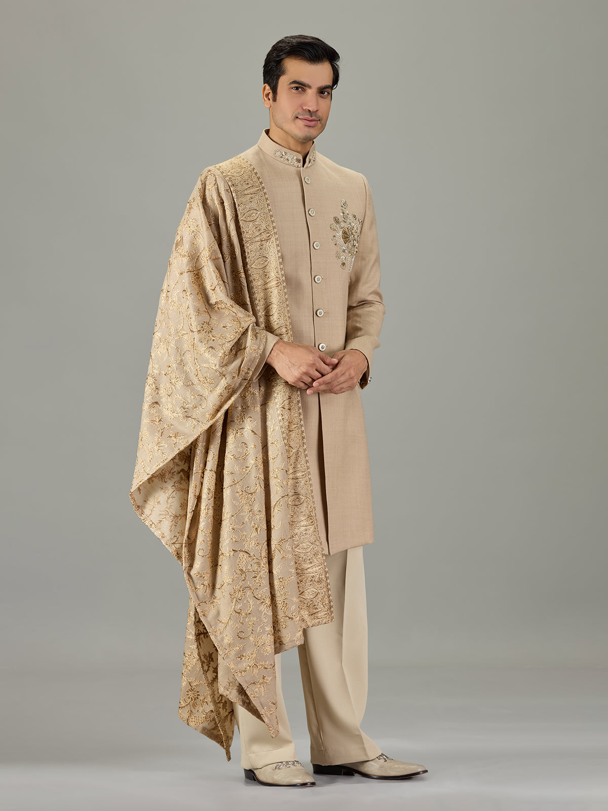 Beige floral border embroidered men indo western