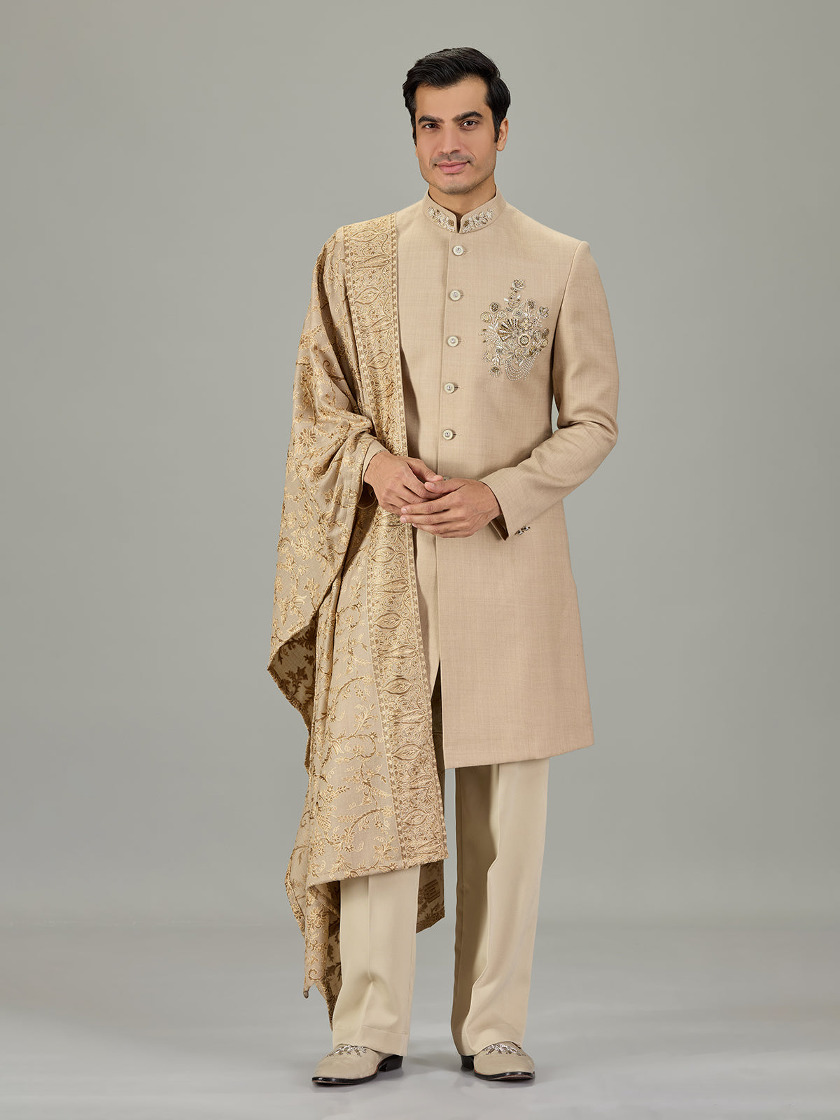 Beige floral border embroidered men indo western