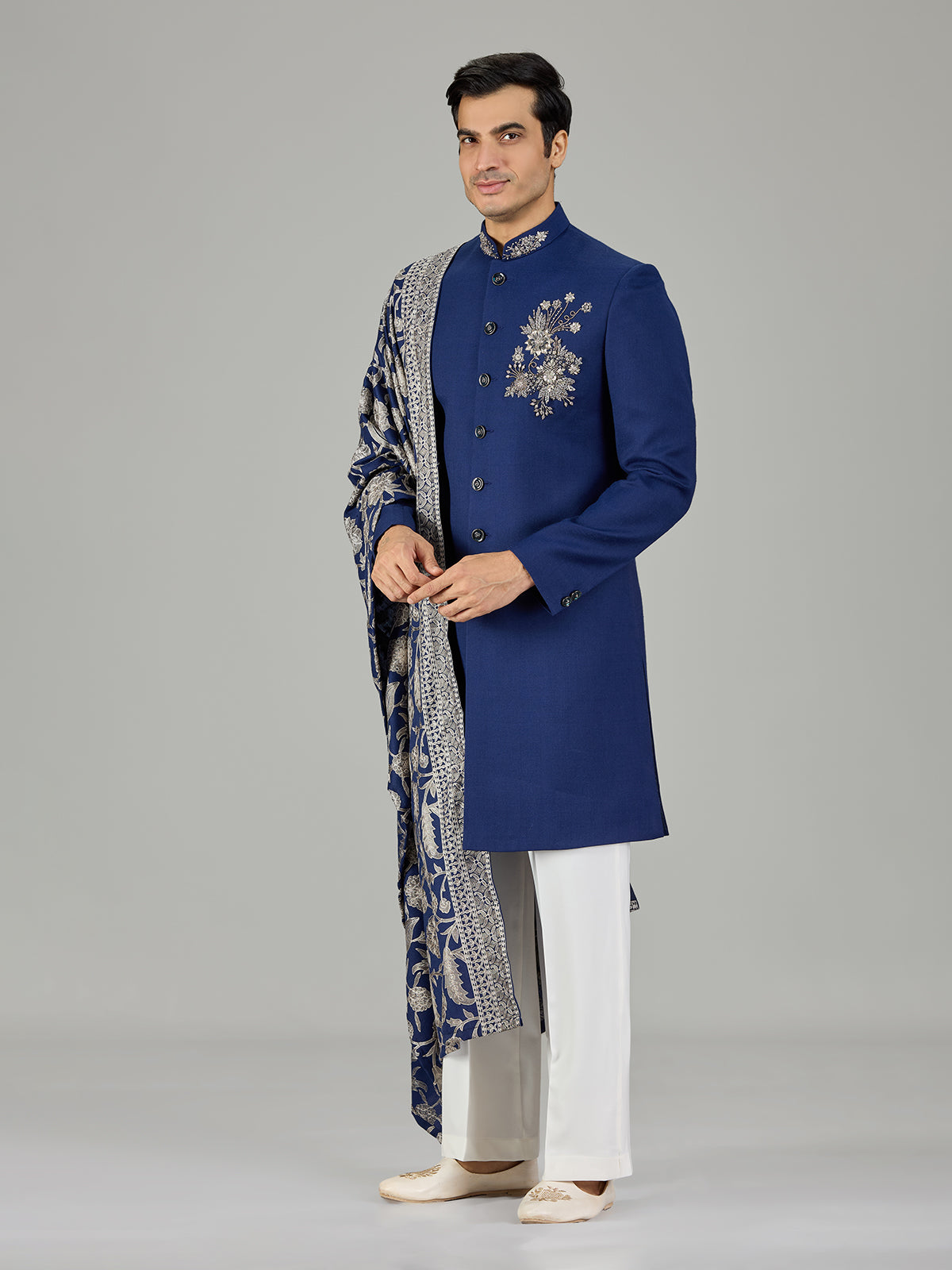Royal blue crystal embellished men indo western