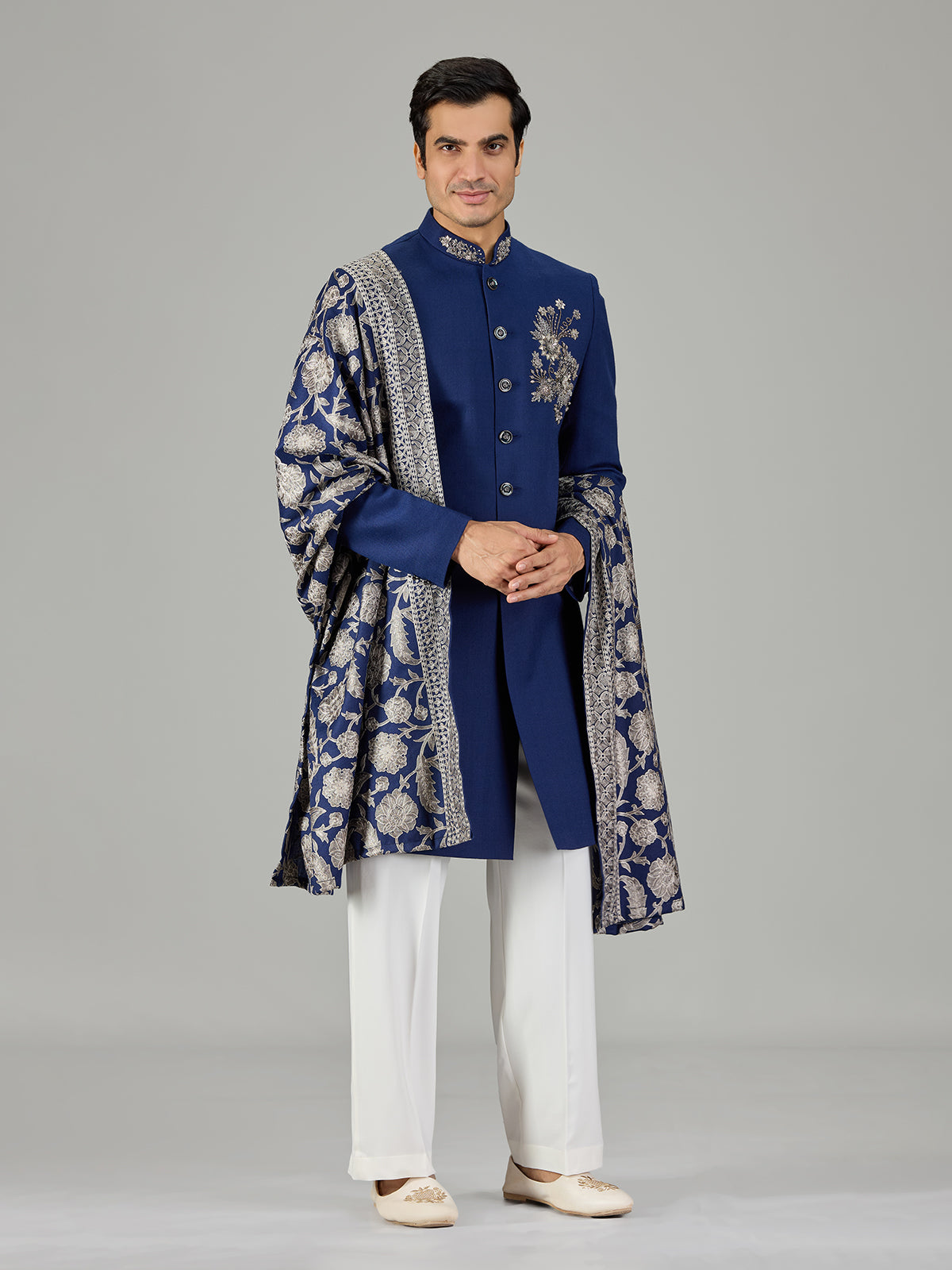 Royal blue crystal embellished men indo western