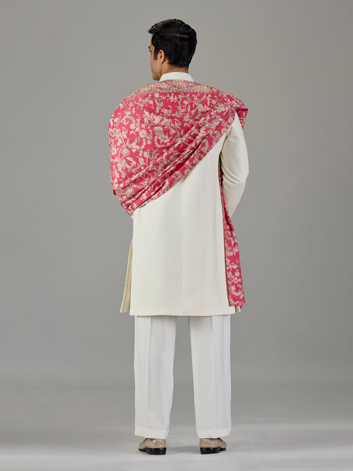 Pink cream floral tapestry men indo western