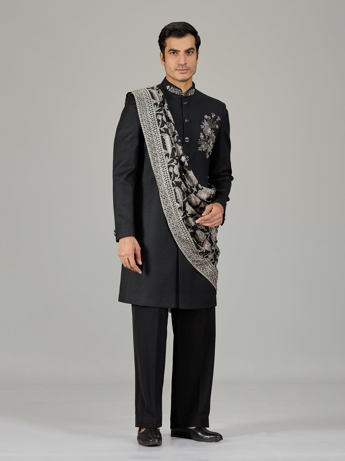 Black floral bouquet dupatta men indo western