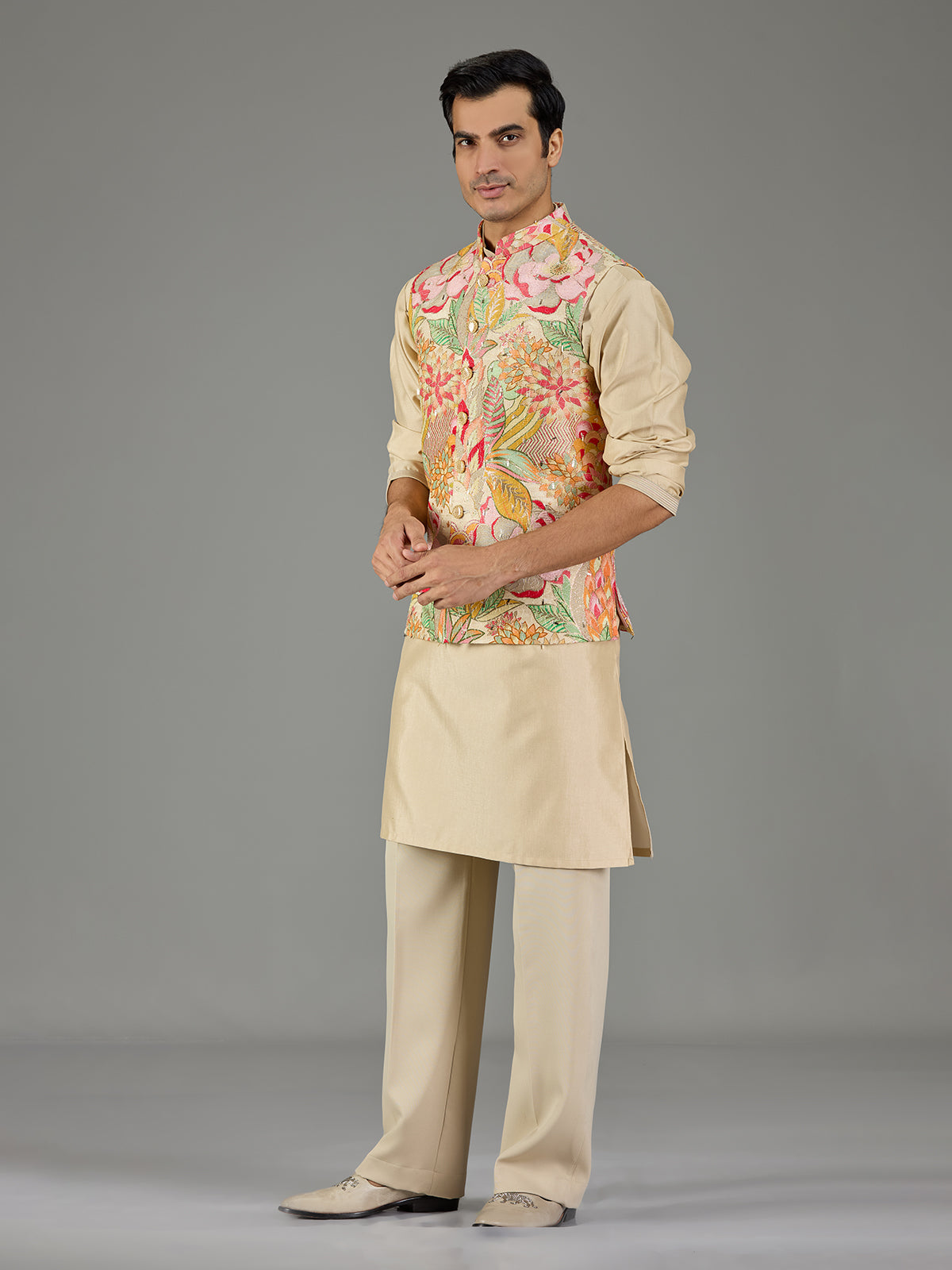 Beige printed floral men waistcoat set