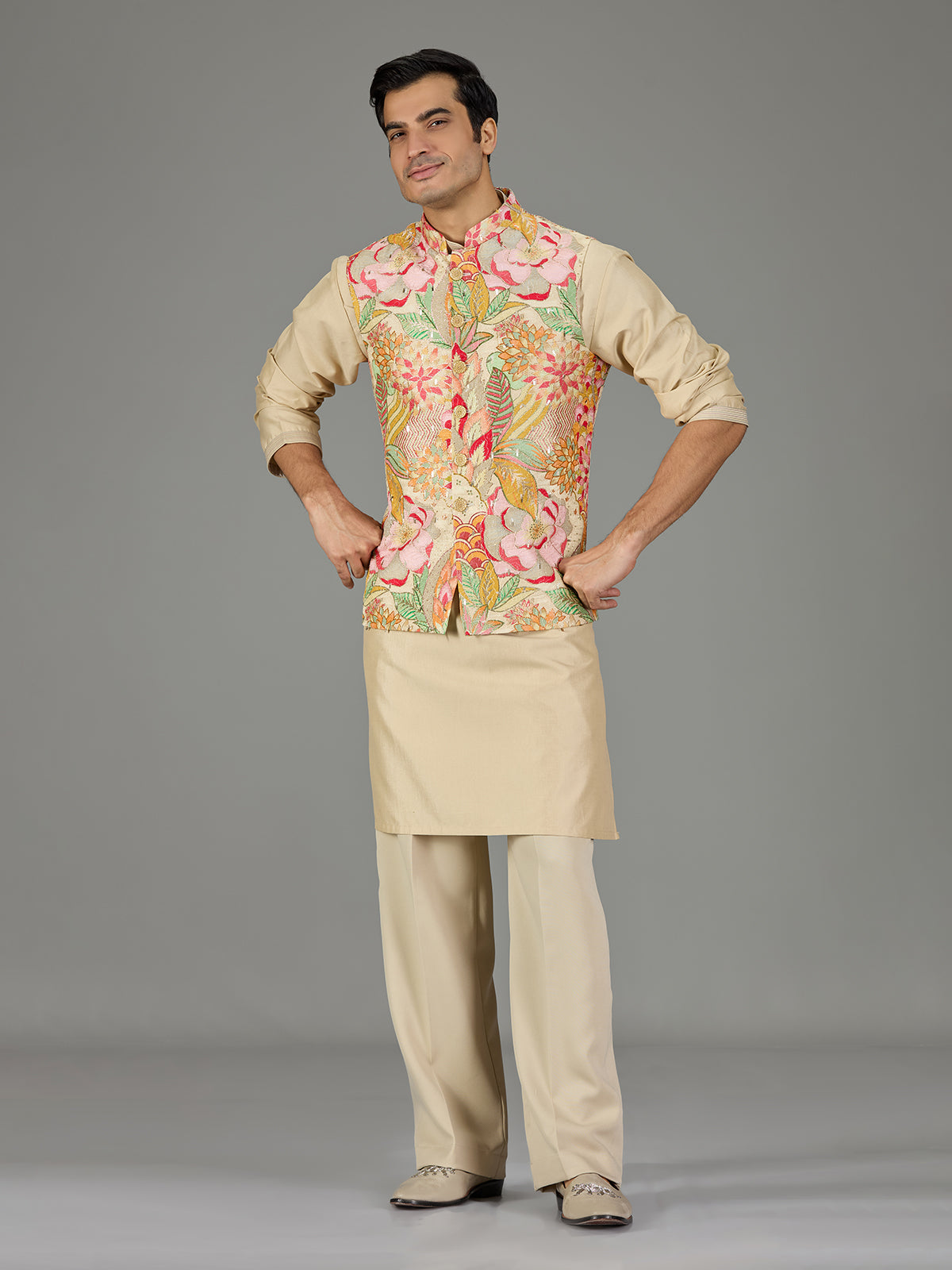 Beige printed floral men waistcoat set