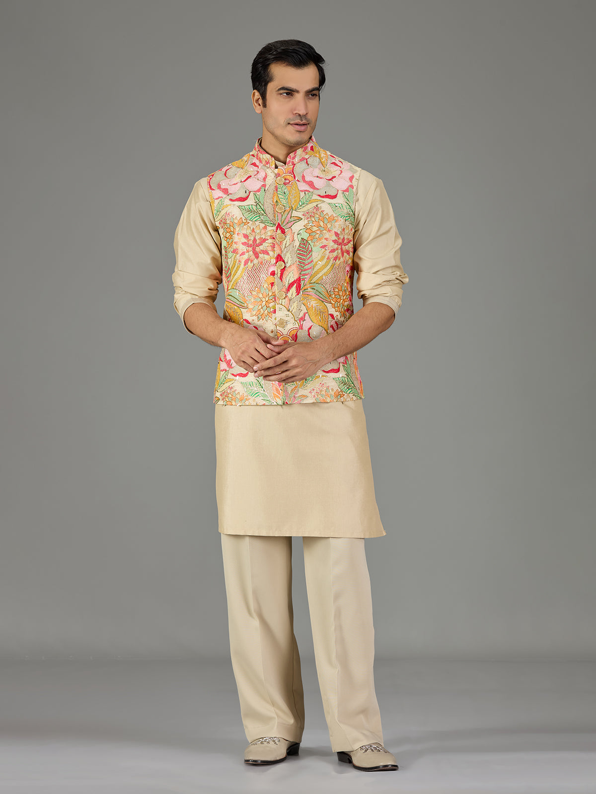 Beige printed floral men waistcoat set
