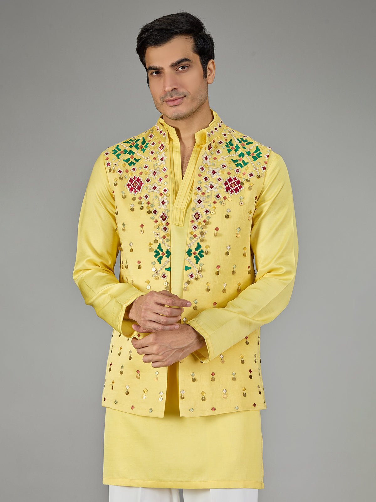 Yellow geometric floral men waistcoat set