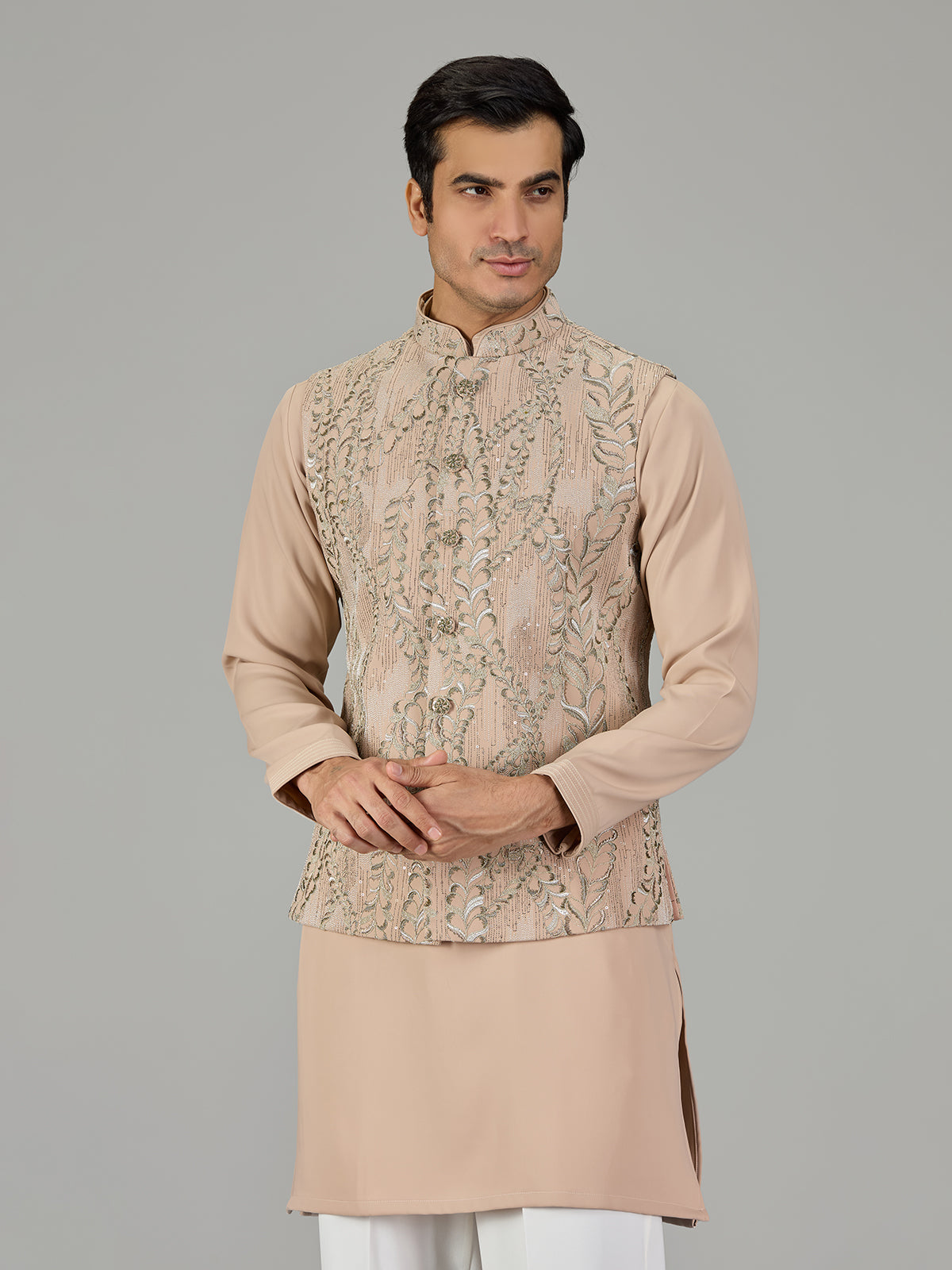 Dark beige vine embroidered men waistcoat set