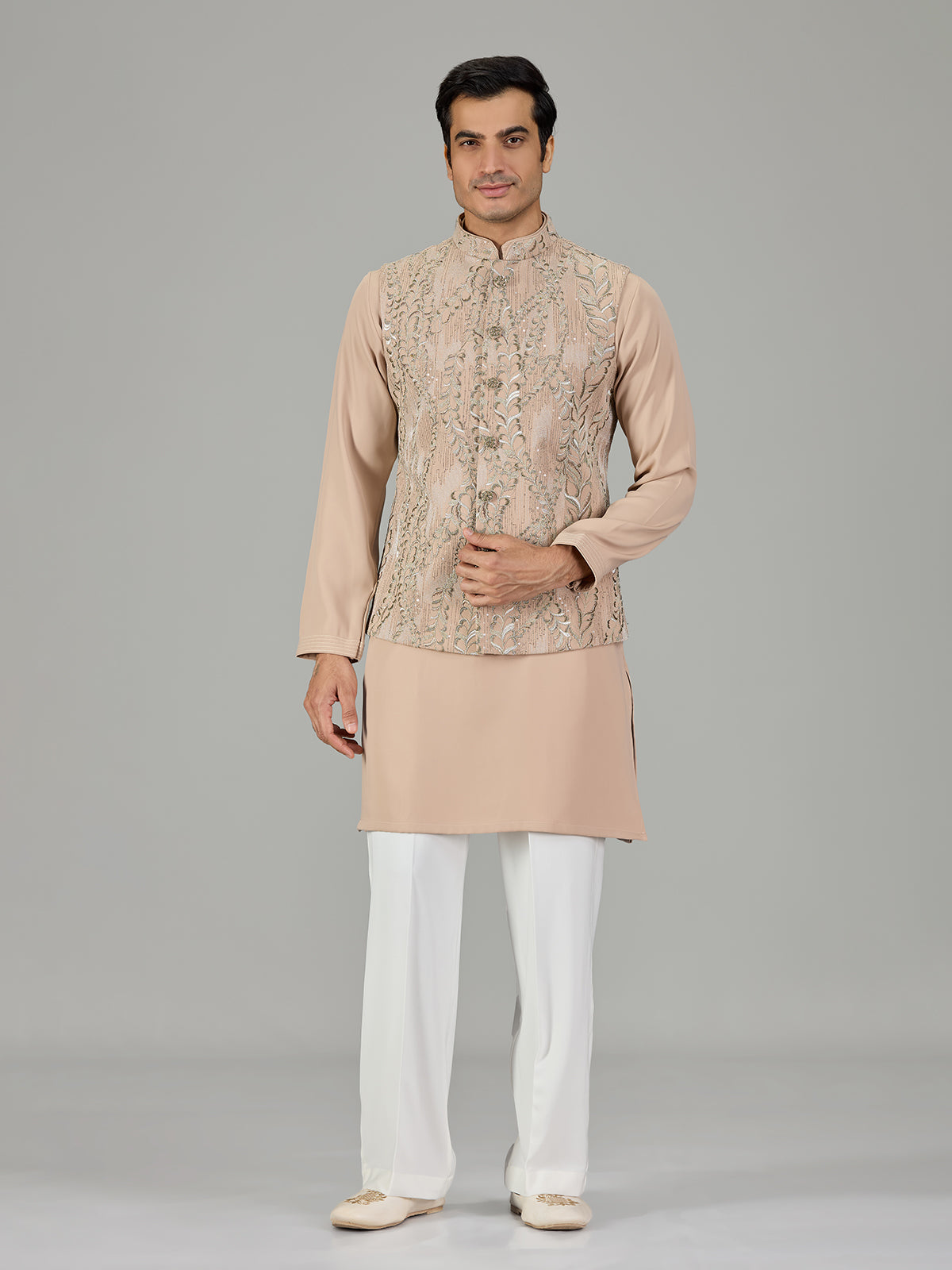 Dark beige vine embroidered men waistcoat set