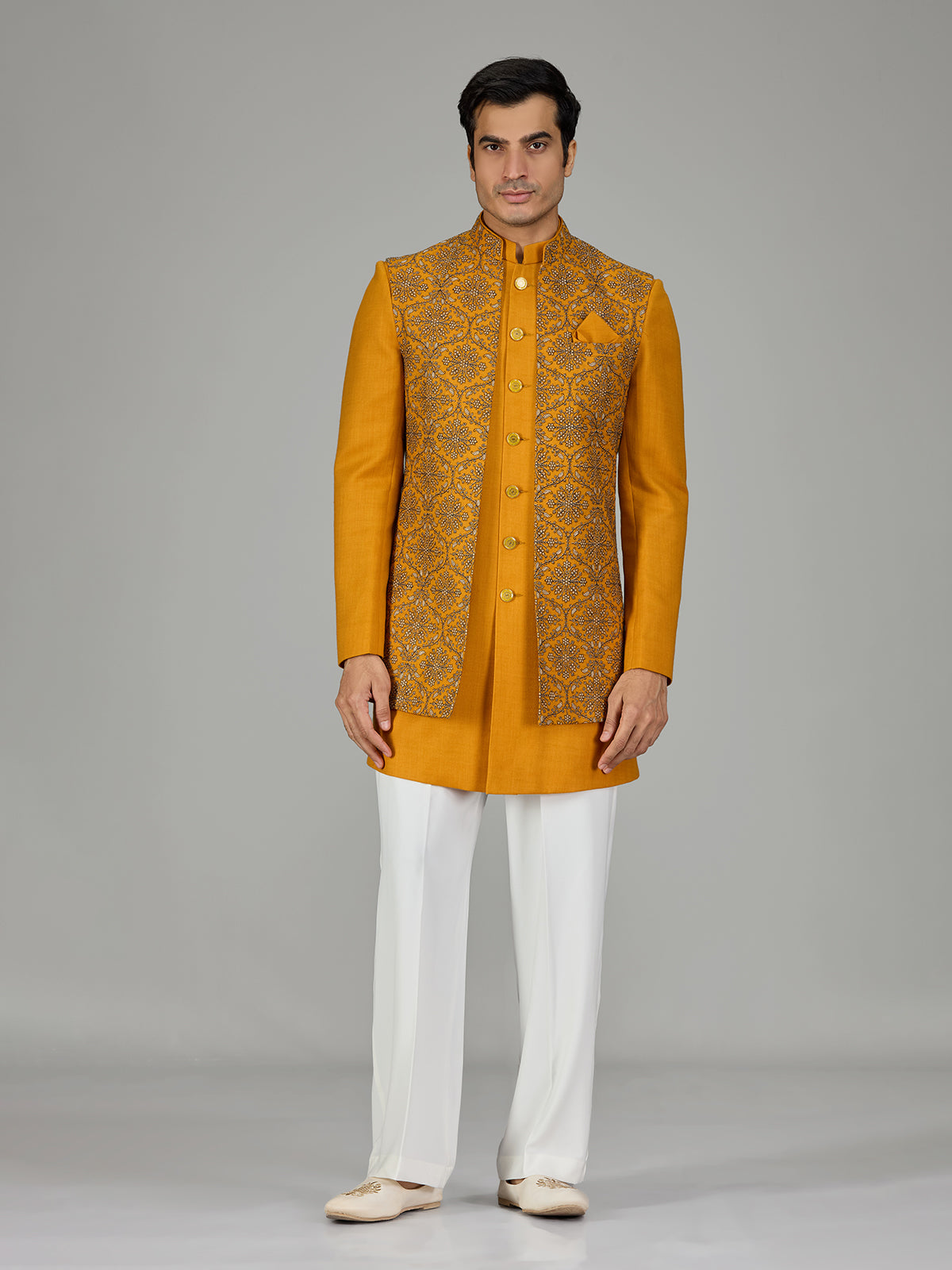 Mustard yellow floral trellis men indo western