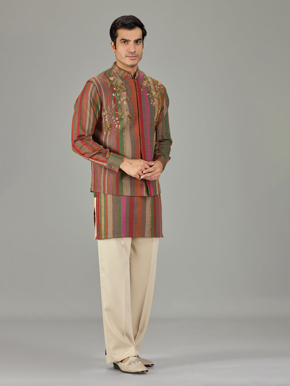Multicolour striped embroidered men waistcoat set