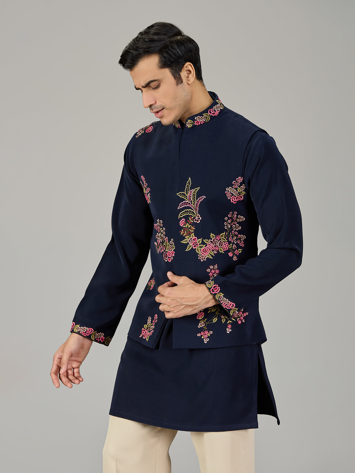Deep navy botanical embroidered men waistcoat set
