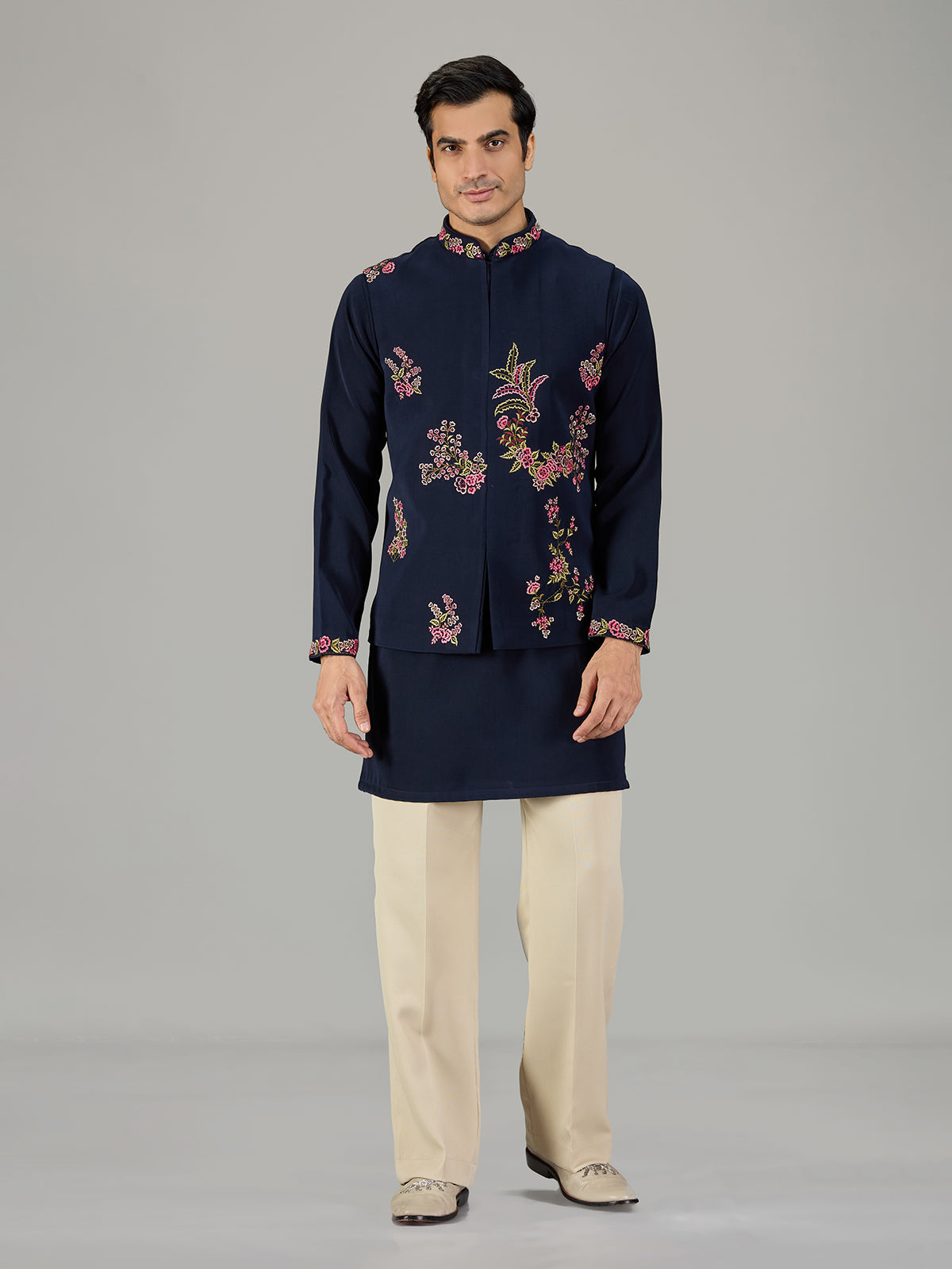 Deep navy botanical embroidered men waistcoat set