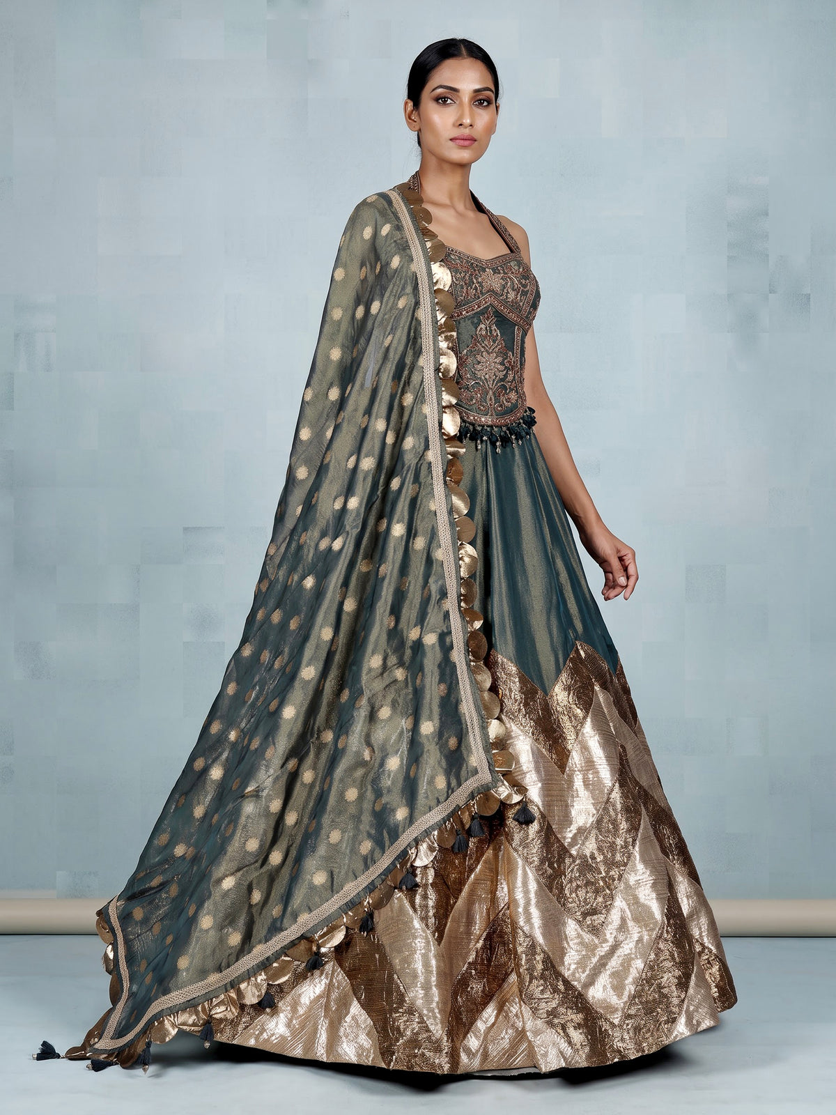 Pastel green silk lehenga choli with aabla and stone detailing