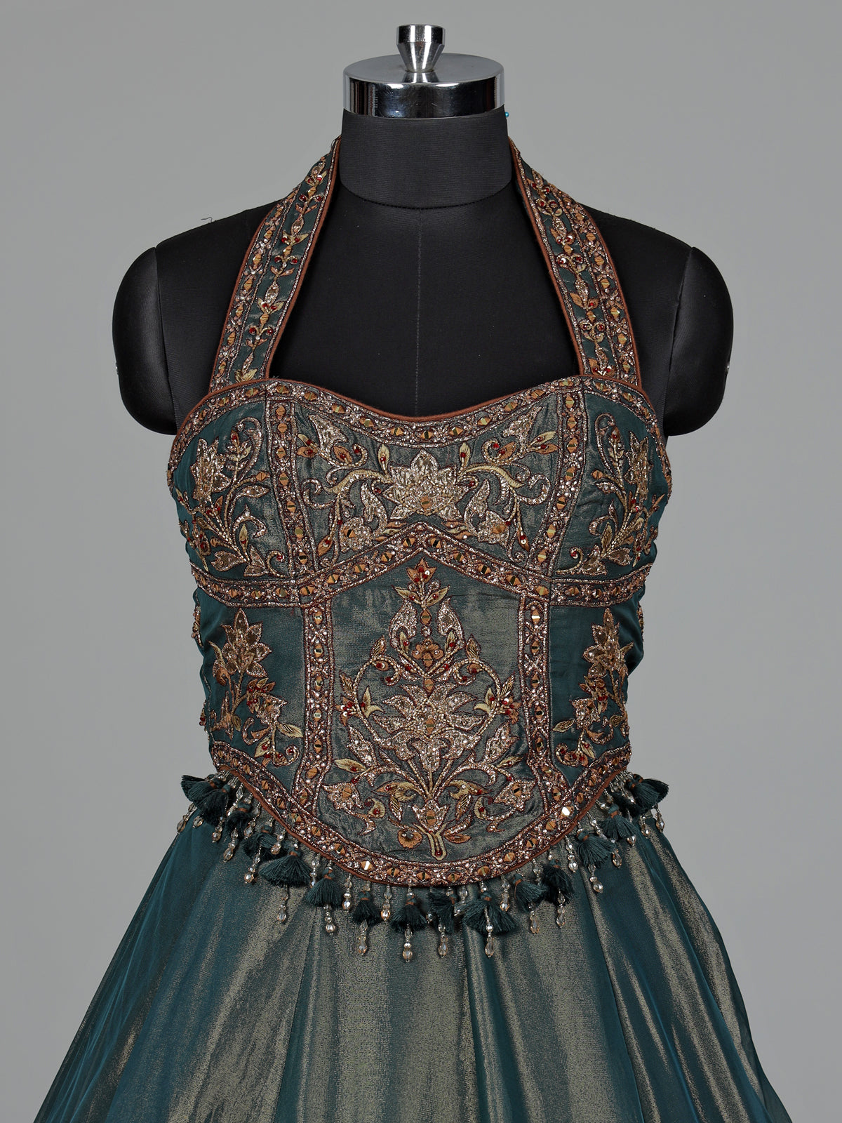 Pastel green silk lehenga choli with aabla and stone detailing