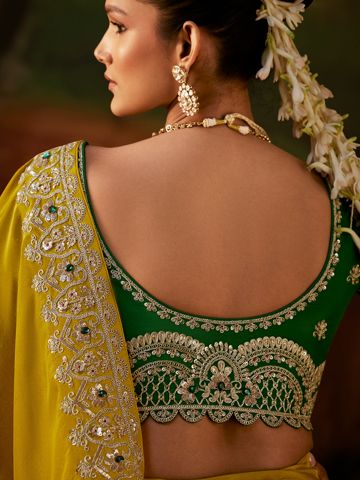 Mustard yellow embroidered tissue silk women saree