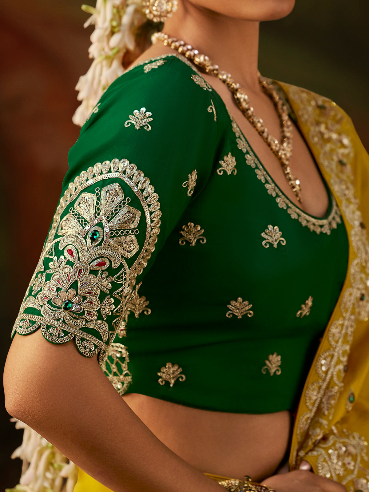 Mustard yellow embroidered tissue silk women saree