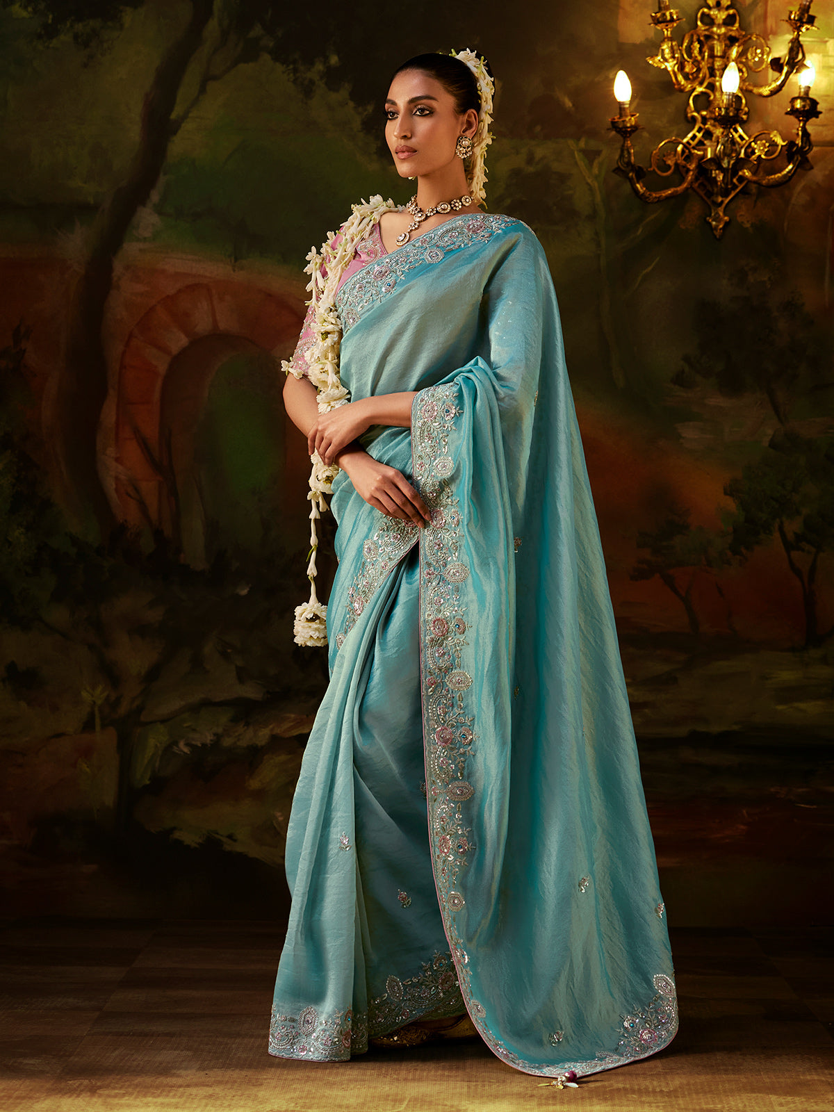 Sky blue floral zari tissue silk women saree