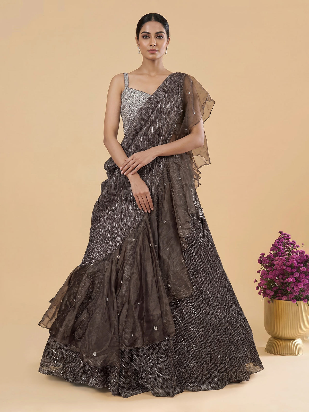 Charcoal black metallic georgette lehenga choli with diamond embellishments