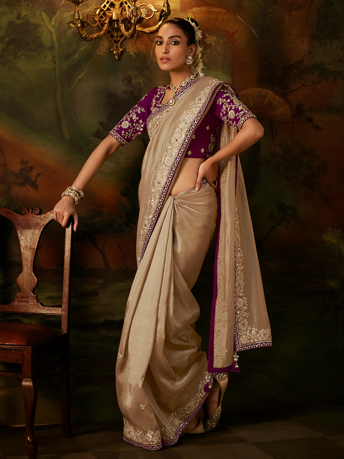 Beige floral zardosi tissue silk women saree