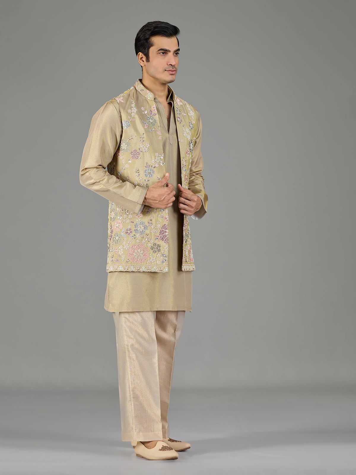 Beige botanical men waistcoat set
