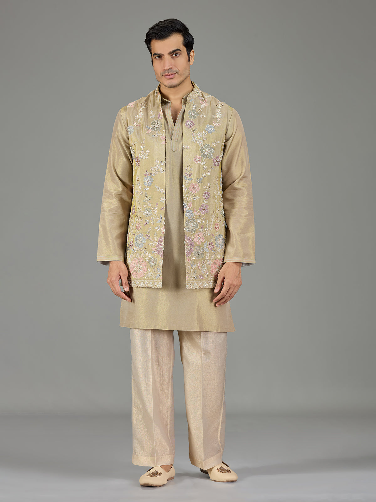 Beige botanical men waistcoat set