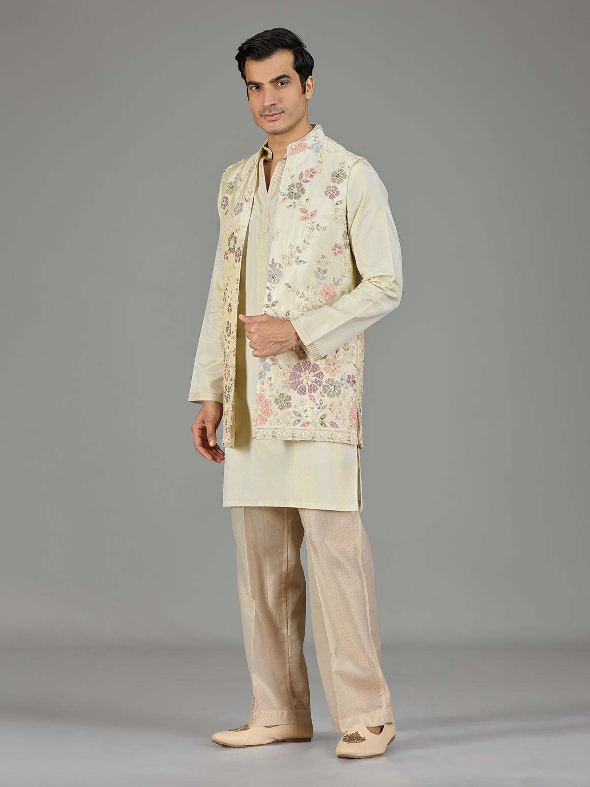 Cream floral embroidered men waistcoat set
