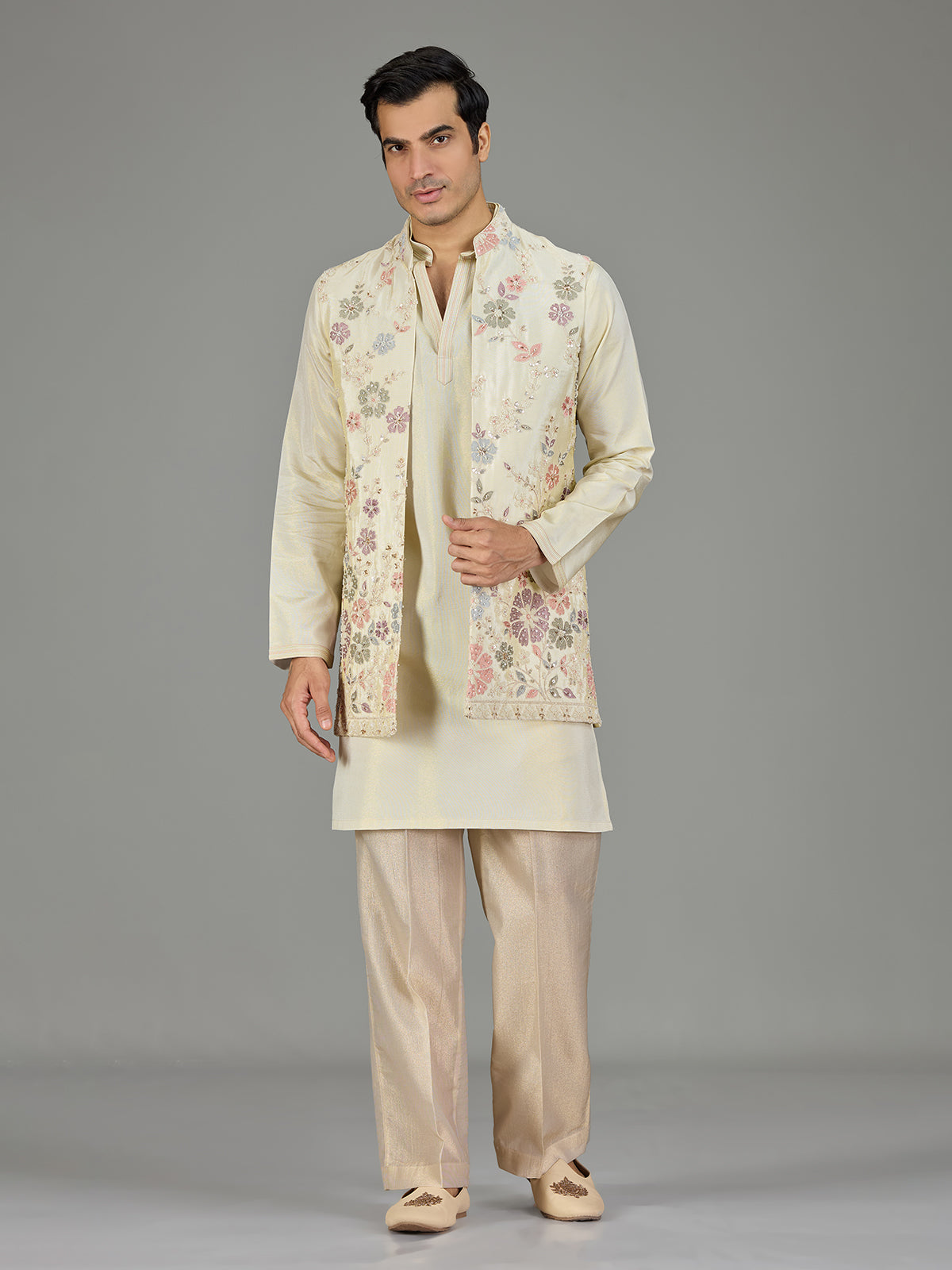 Cream floral embroidered men waistcoat set