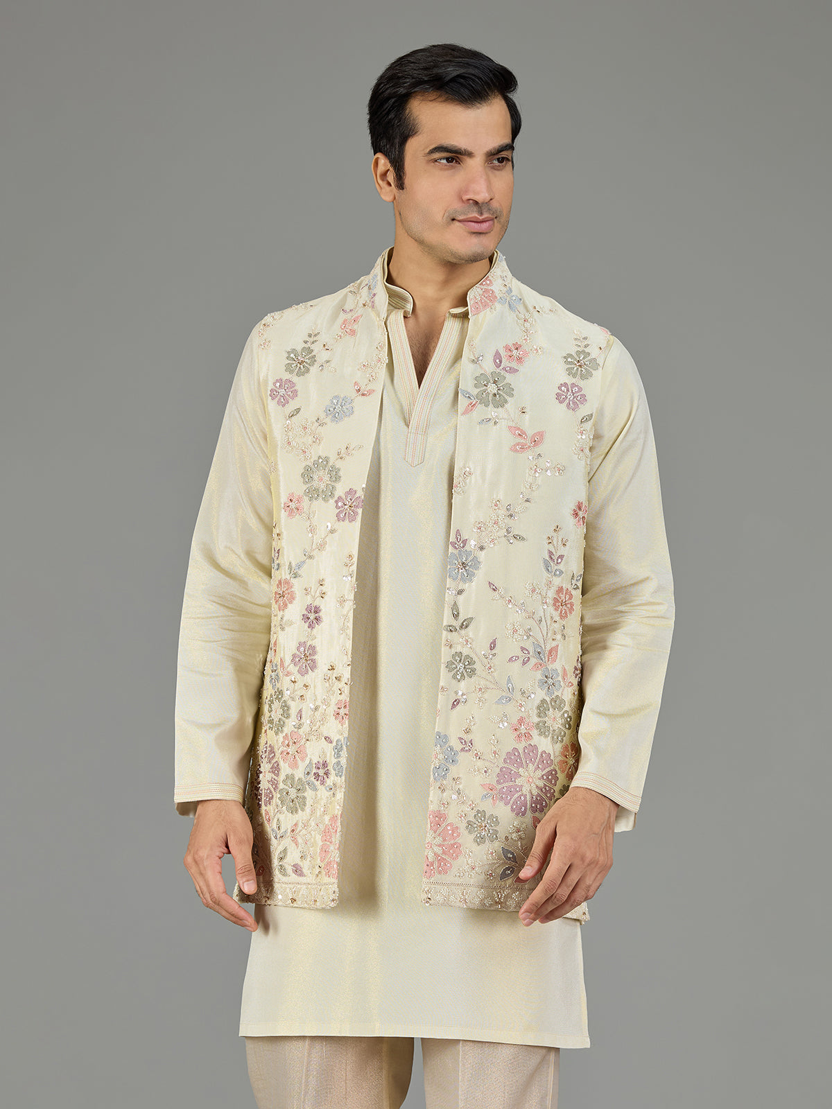 Cream floral embroidered men waistcoat set