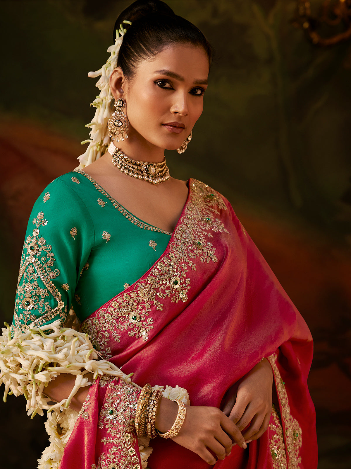 Pink blue contrast tissue silk women saree