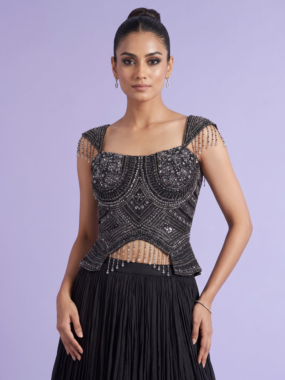 Black chiffon silk lehenga choli with diamond and cutdana embellishments