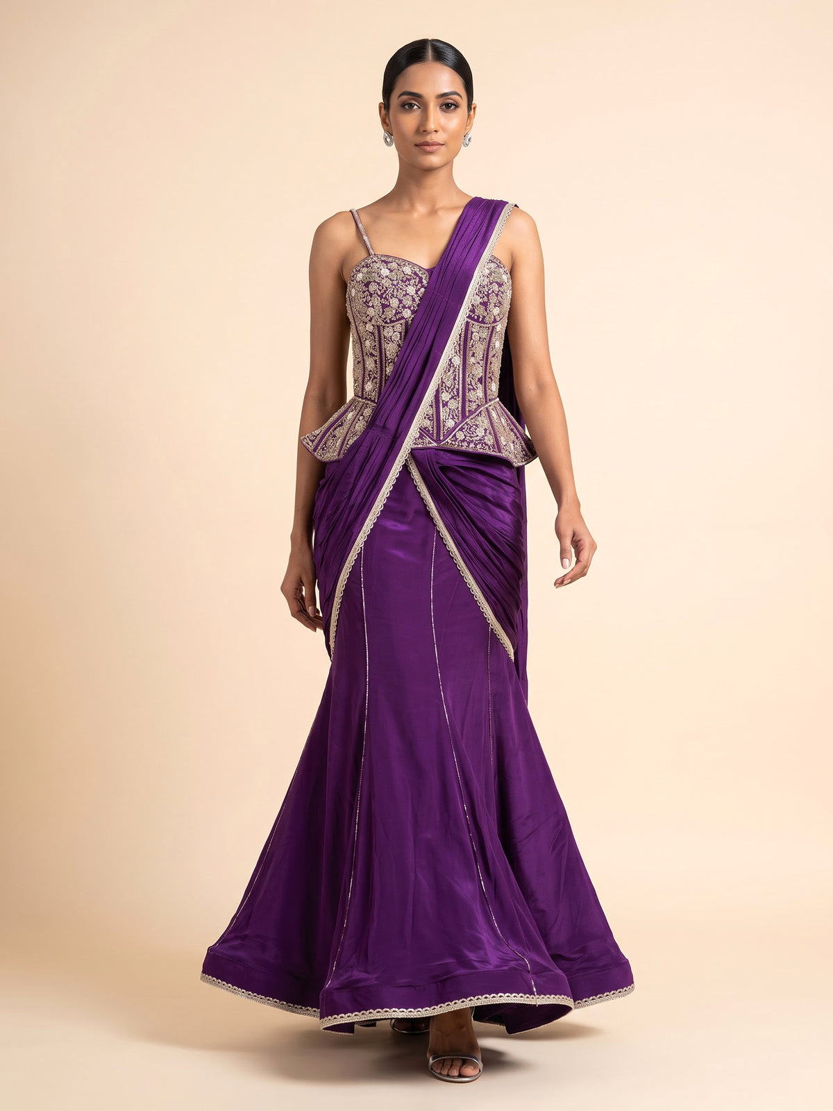 Violet purple satin crepe silk lehenga choli with sequin embellishments