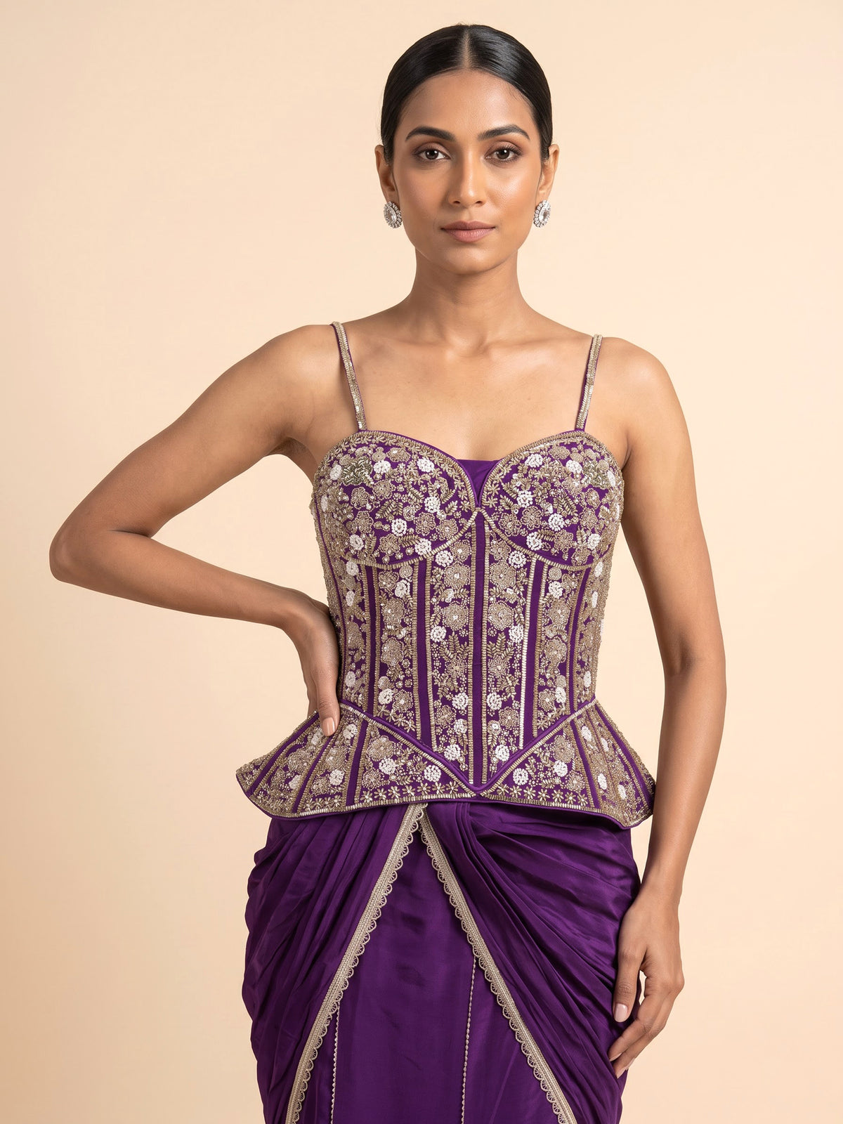 Violet purple satin crepe silk lehenga choli with sequin embellishments