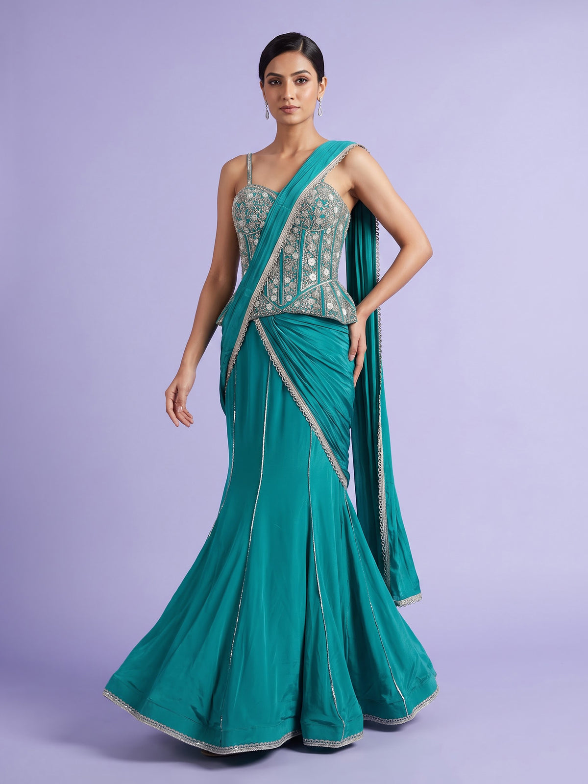 Aqua satin crepe silk lehenga choli with cutdana and gota work