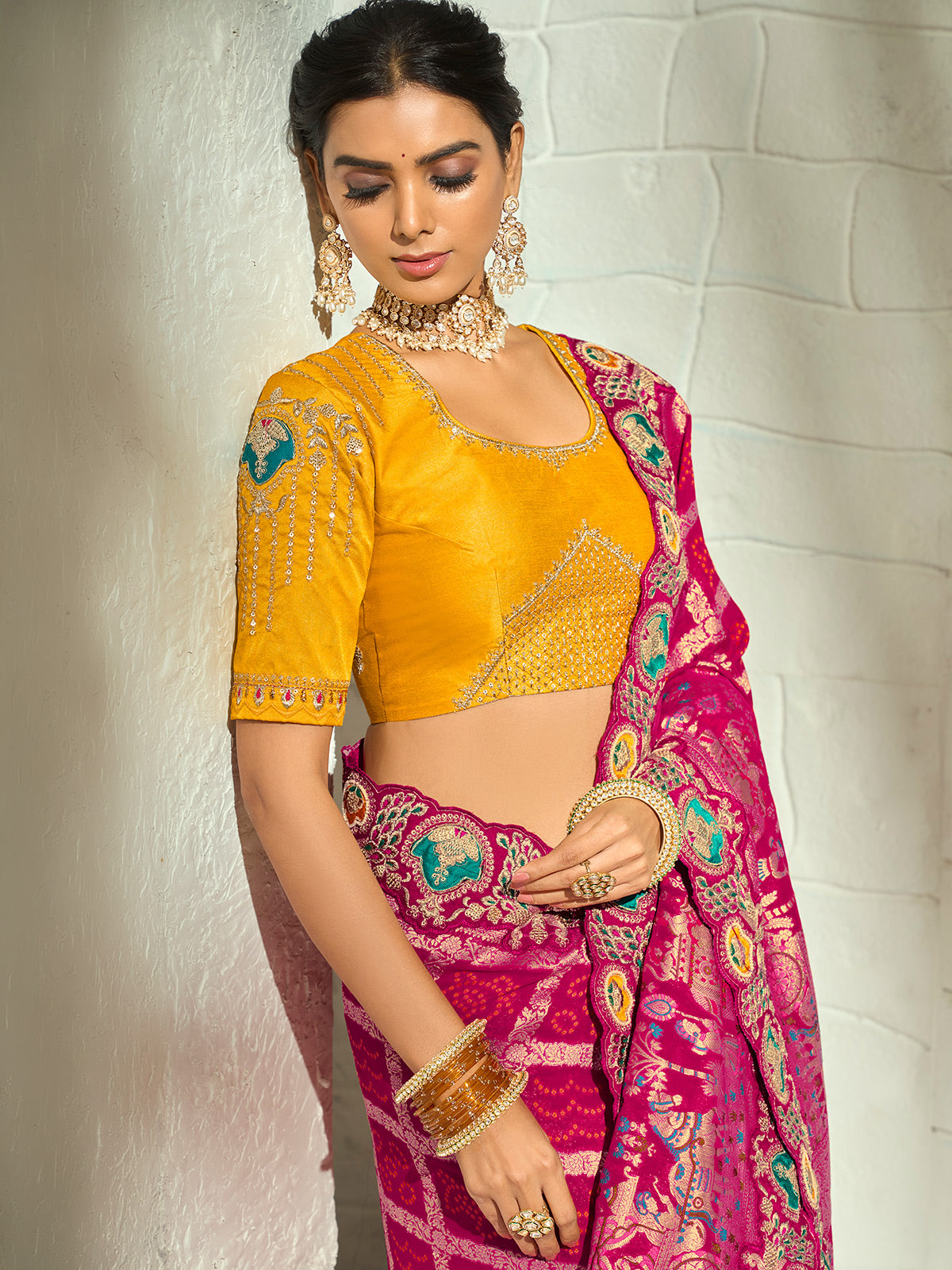 Rani pink leheriya peacock designer women bandhej saree