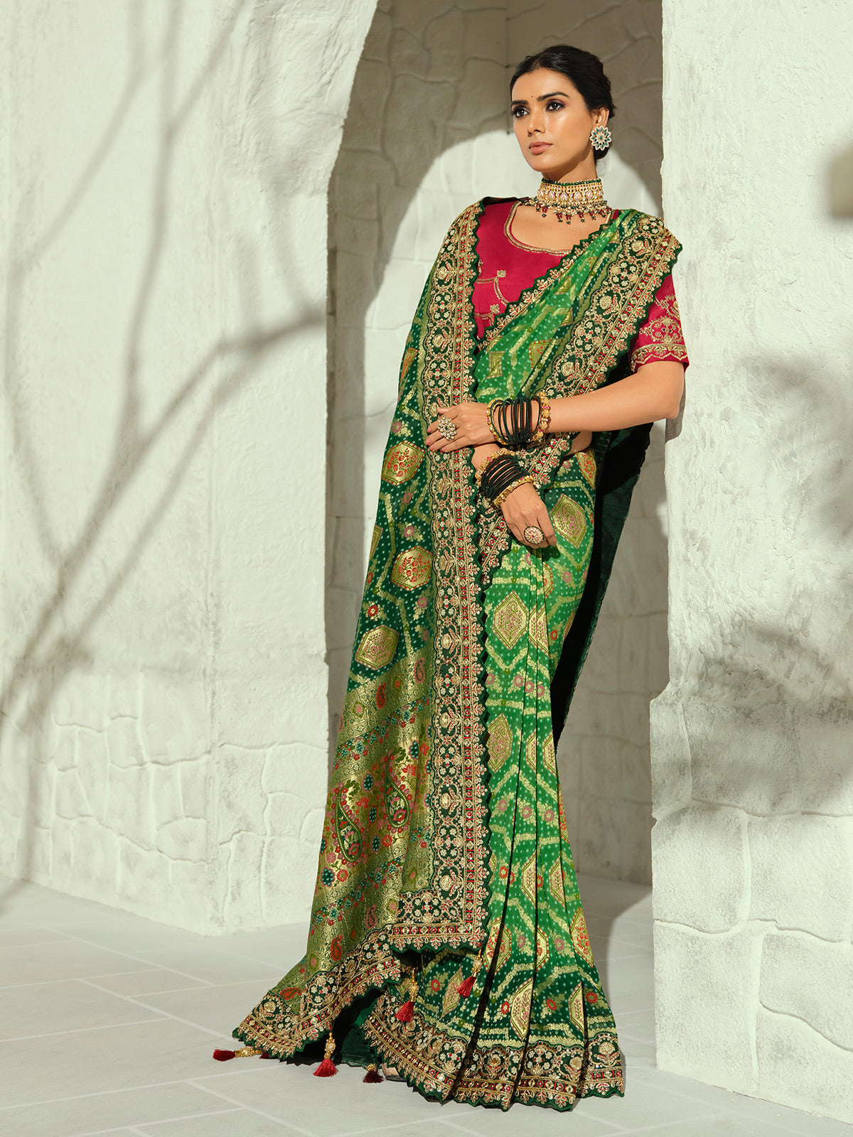 Green Mughal arch shikargah designer women bandhej saree