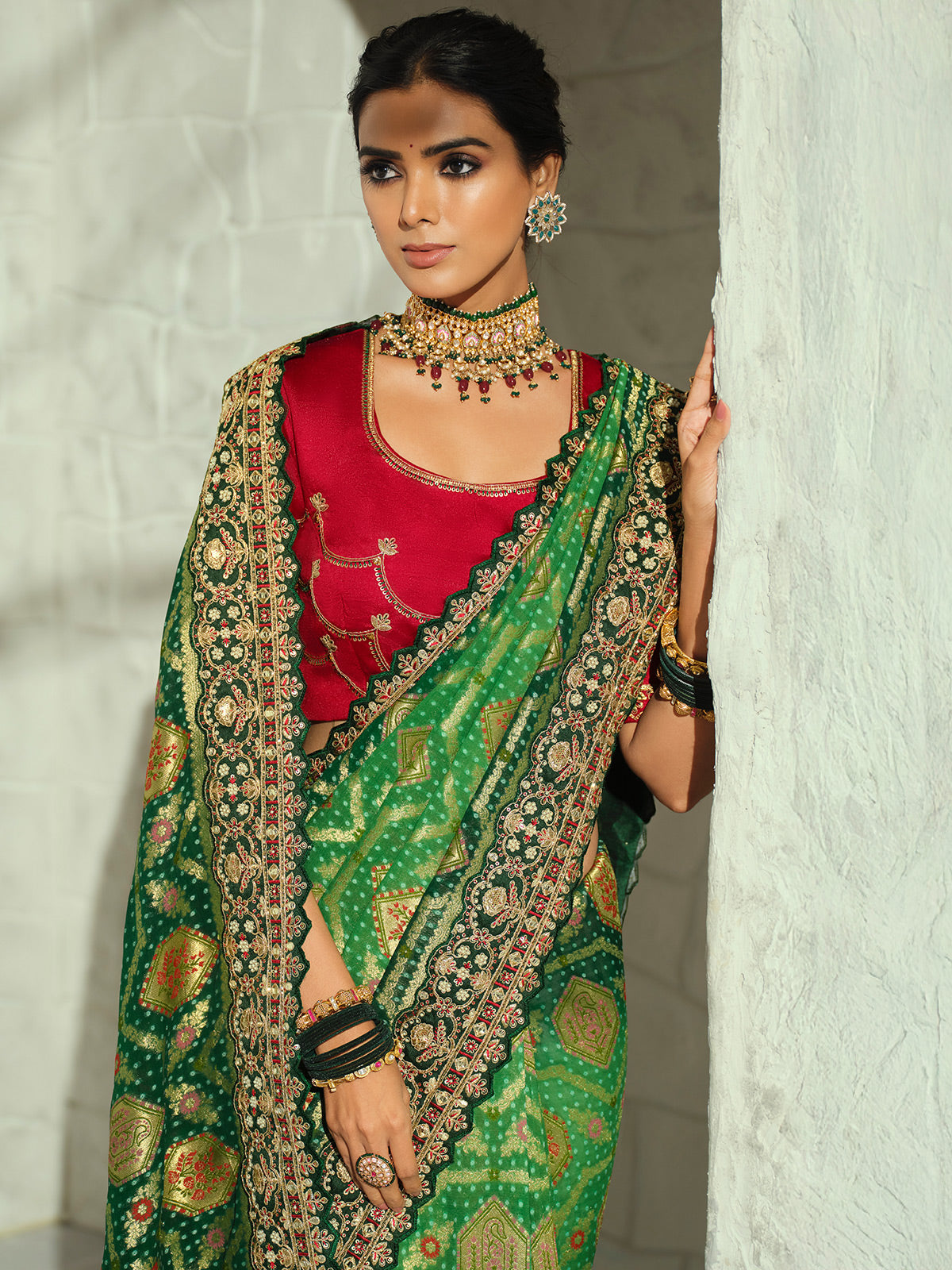 Green Mughal arch shikargah designer women bandhej saree