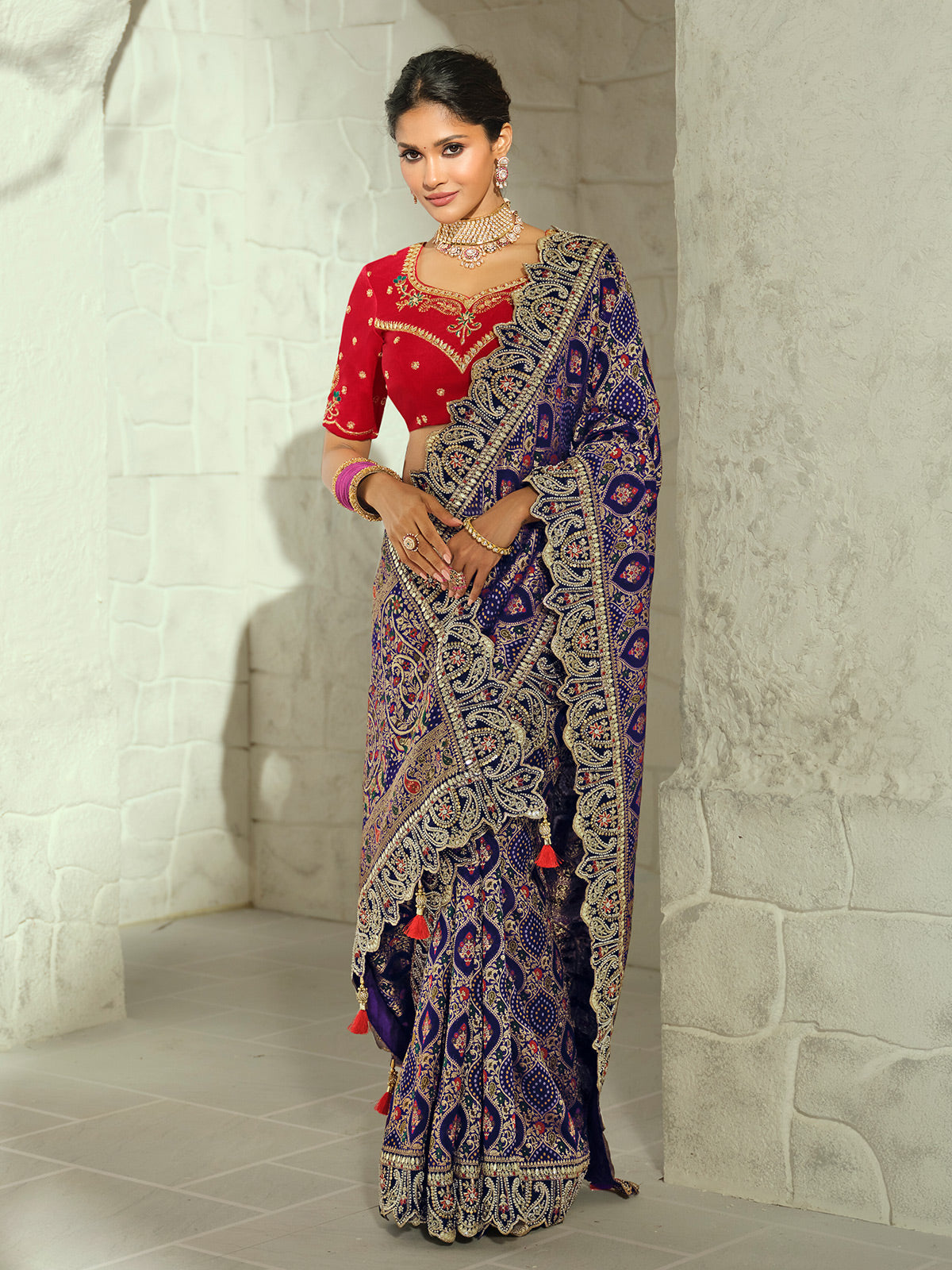 Blue patola kalka designer women bandhej bridal saree