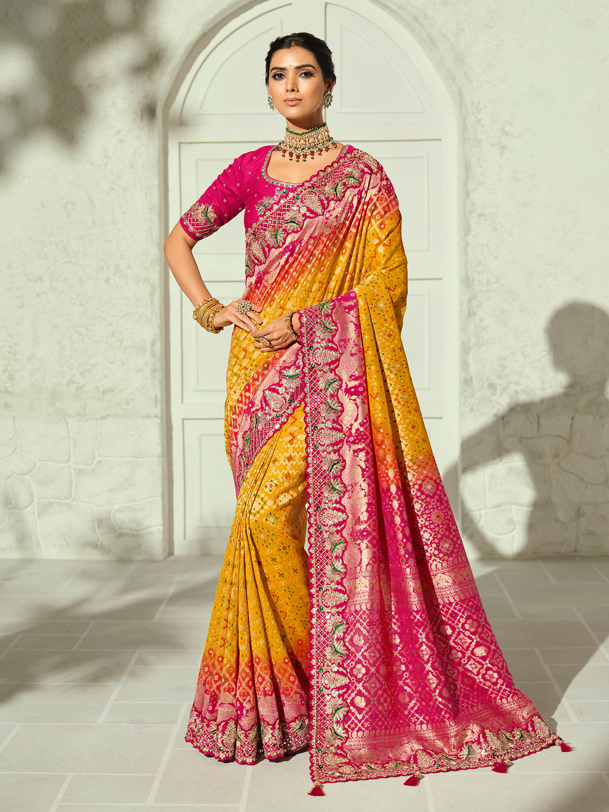 Yellow orange shaded elephant designer women bandhej saree