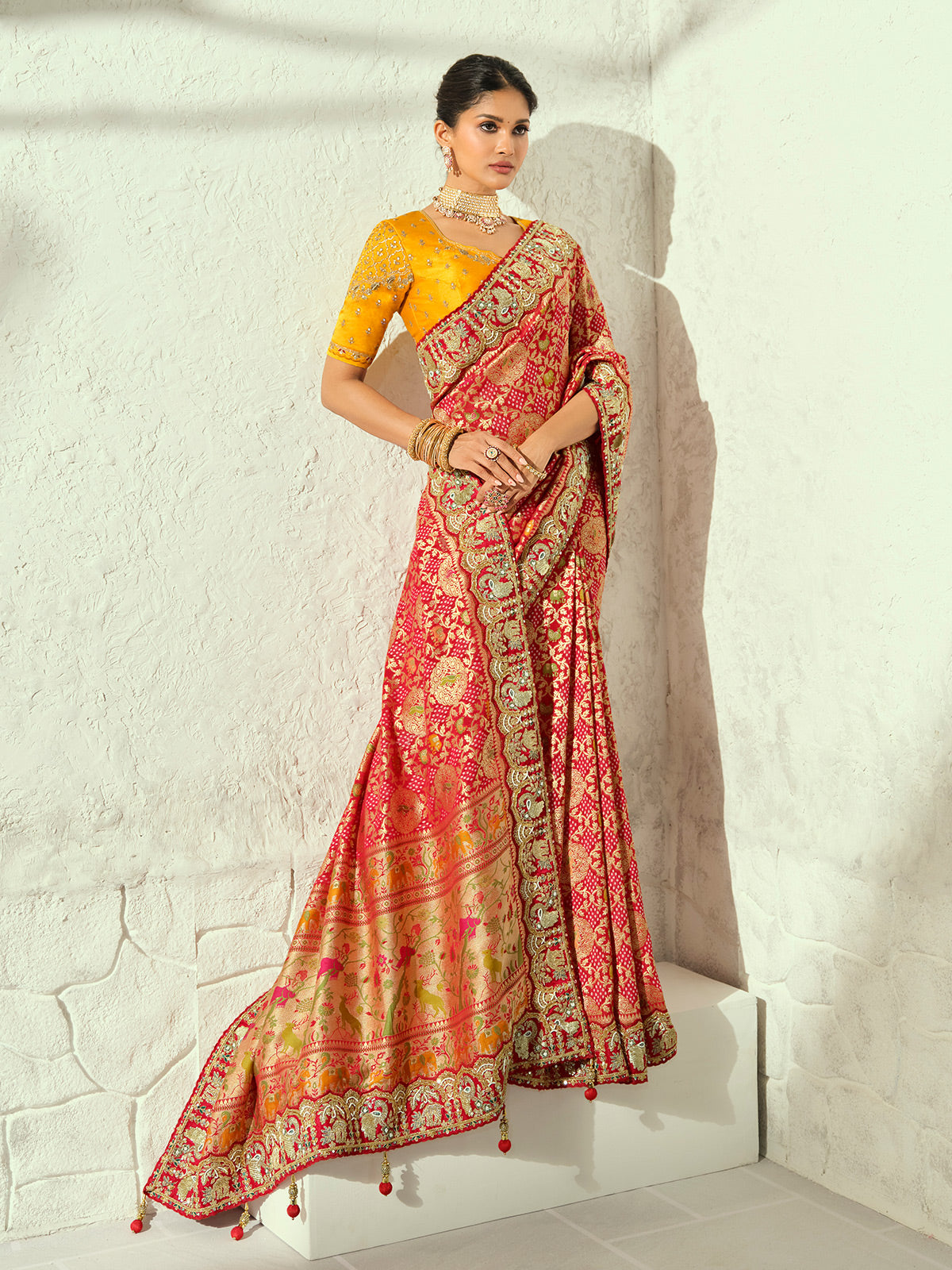 Red royal shikargah designer women bandhej saree